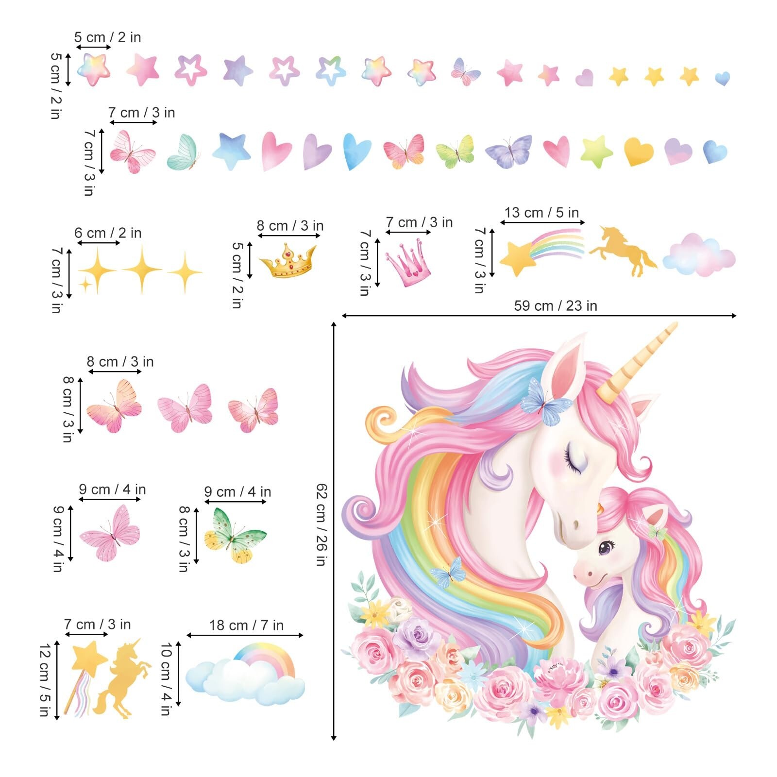 wondever Large Unicorn Wall Stickers Rainbow Baby Unicorn Butterfly Stars Pee…