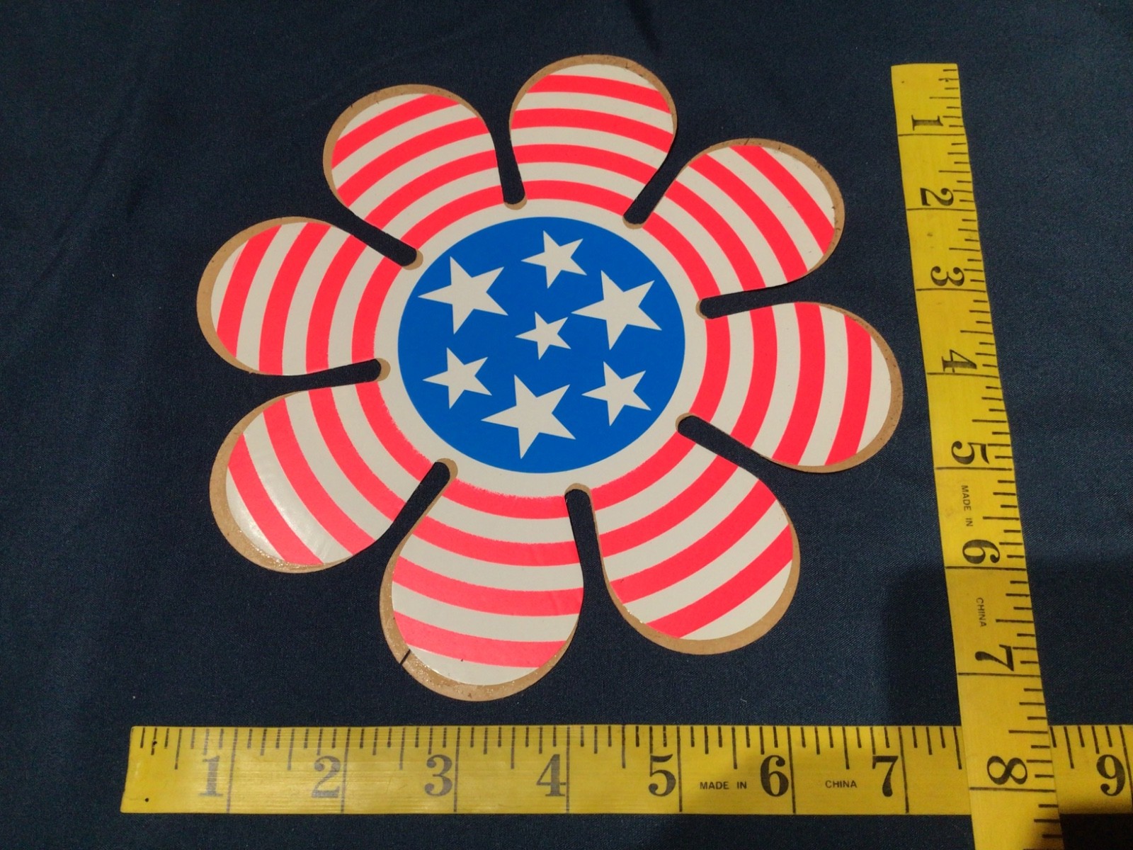 Lot x2 Vintage USA FLAG FLOWER STICKERS Old School Hippie Decals RW&B 7-1/2” NOS