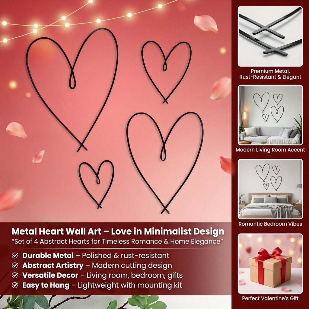 Heart Shaped Metal Wall Art Set for Living Room and Bedroom Wall Hanging 4-Piece