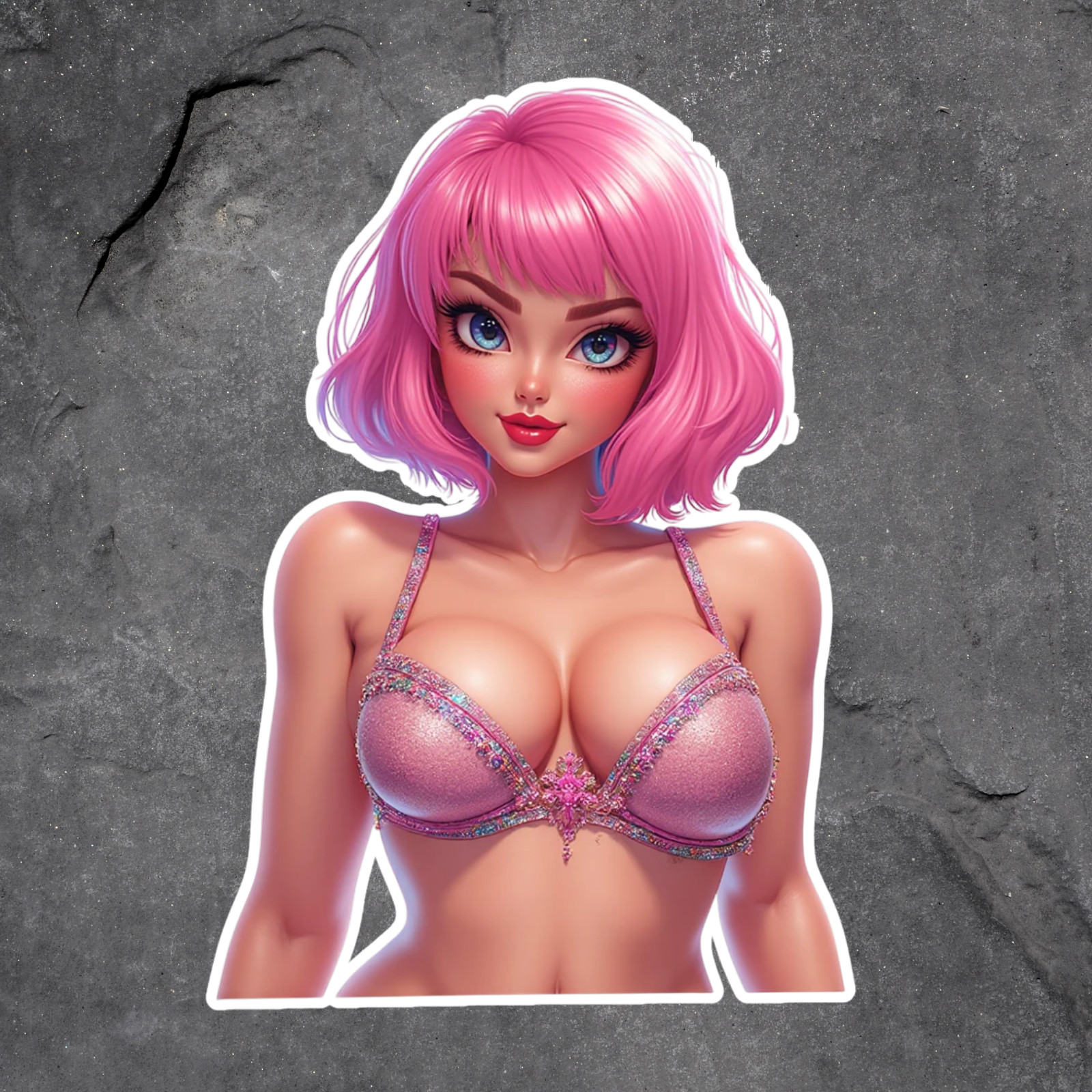 Pinup Girl Sticker Vinyl Decal Candy Pop Pink Hair Glitter Gem Bra
