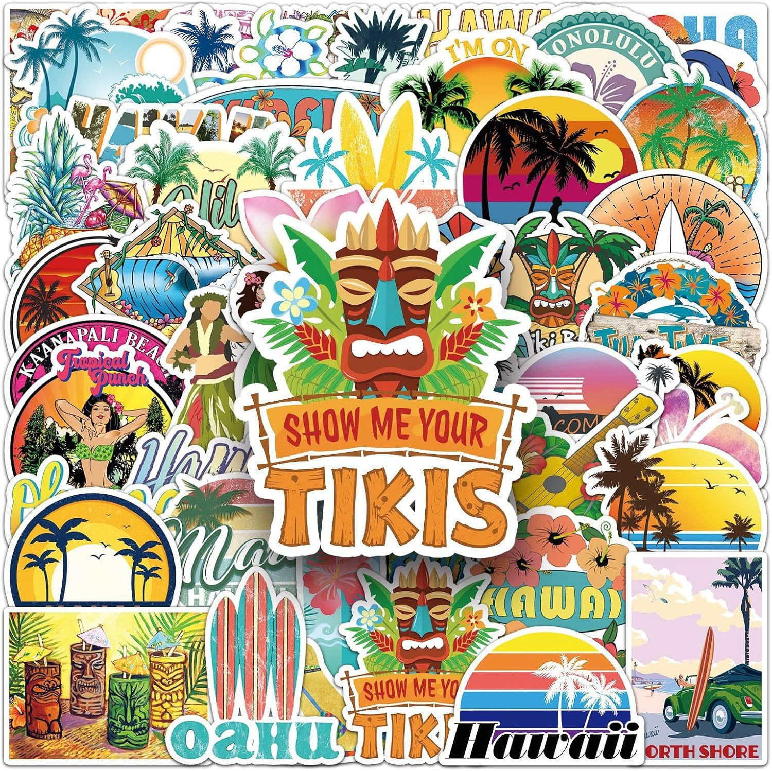 50Pcs Hawaiian Scenery Stickers – Tropical Style Creative Decor