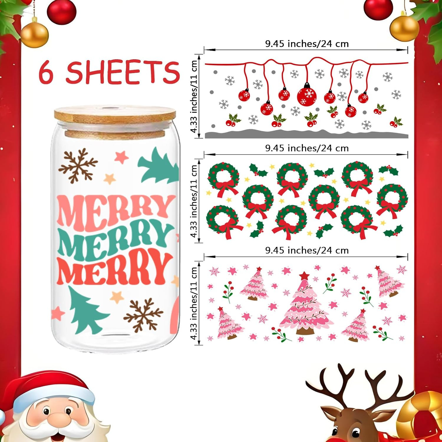 Christmas UV DTF Cup Wraps Set – 6 Count, Colorful Art Deco Letter Print Vinyl S