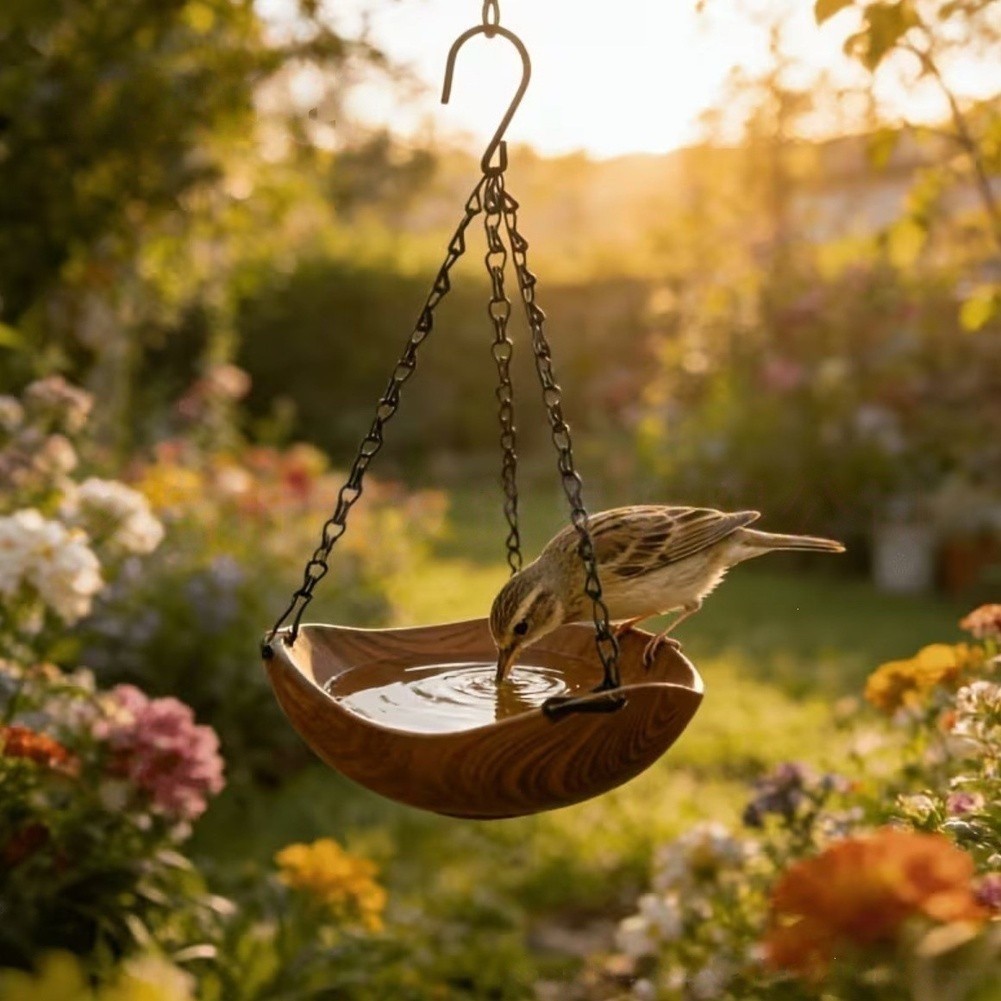 Garden Bird Bath with Solar Fountain and Feeding Area Designed for Hanging Use