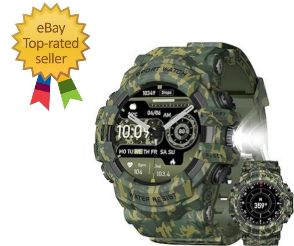 Military Smart Watch Flashlight, Compass, Heart Rate, Calls, IP68, Androi