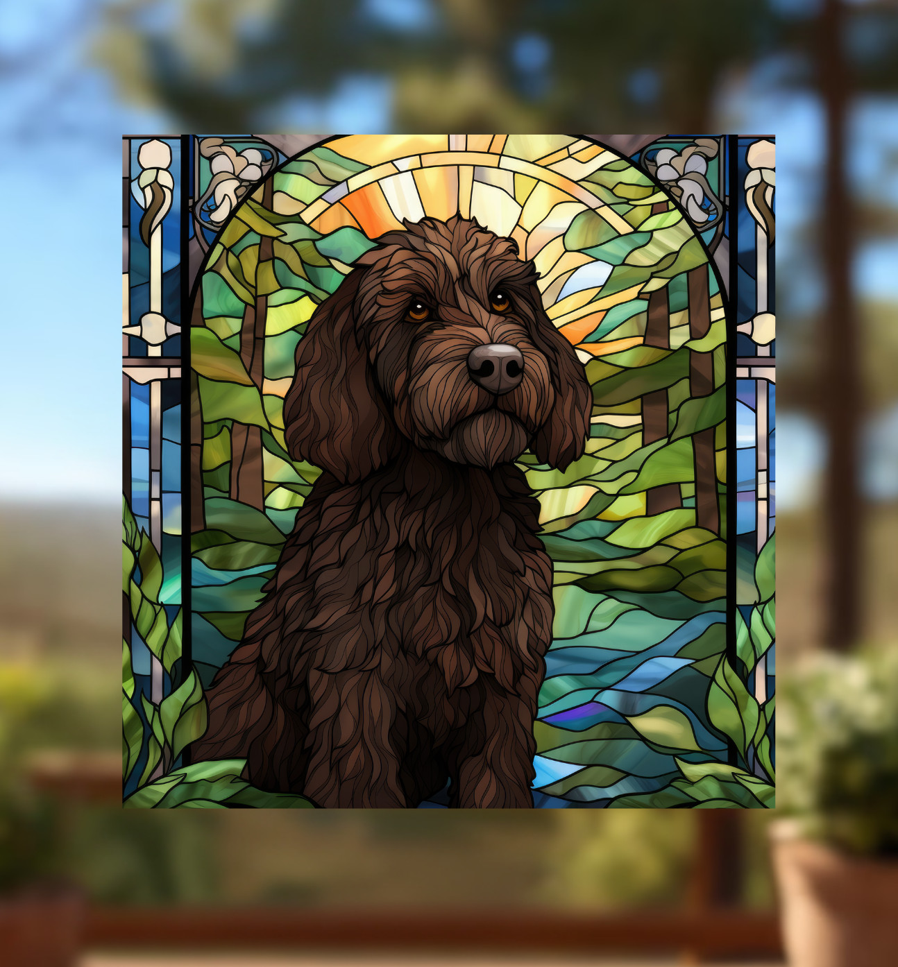 Labradoodle Dog Faux Stained-Glass WINDOW CLING Size 9.2" Repositionable Vinyl