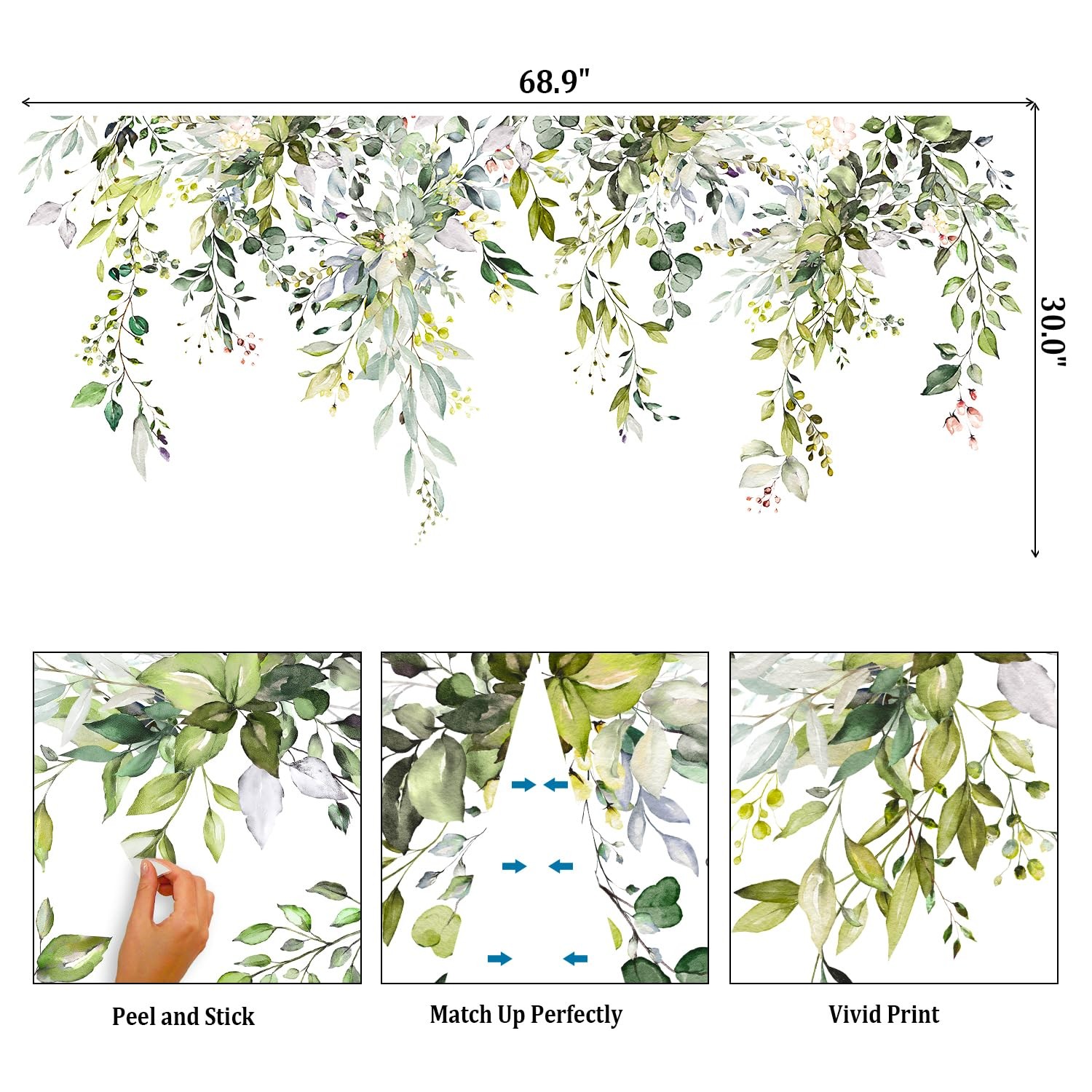 Green Leaves Wall Decals Large Floral Peel & Stick Removable Home Decor