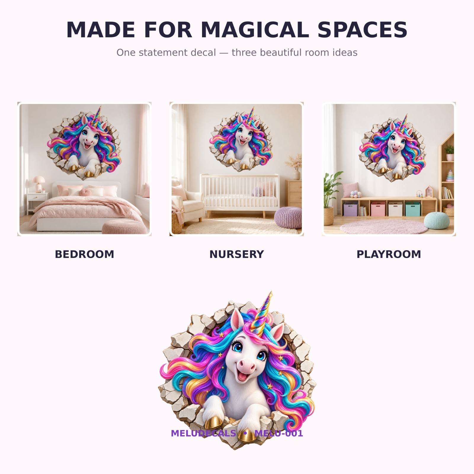 3D Unicorn Wall Decal Rainbow Vinyl Sticker Girls Bedroom Nursery MELU-001