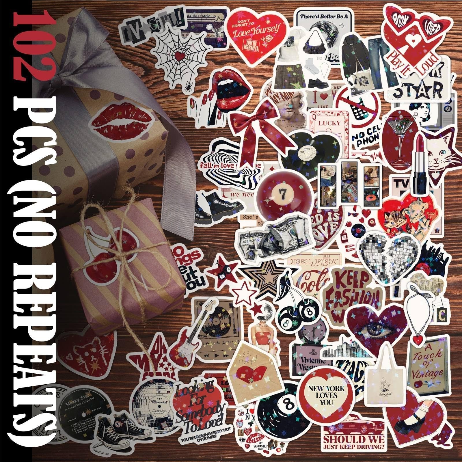 102 PCS Holographic Aesthetic Stickers – Y2K Grunge Cute Red Decals for Water Bo