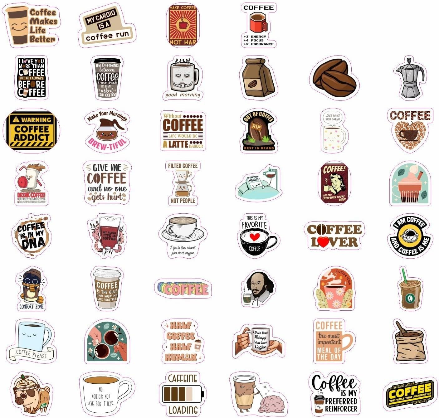 100Pcs Waterproof Funny Coffee Stickers – Ideal for Scrapbooking & Party Decor