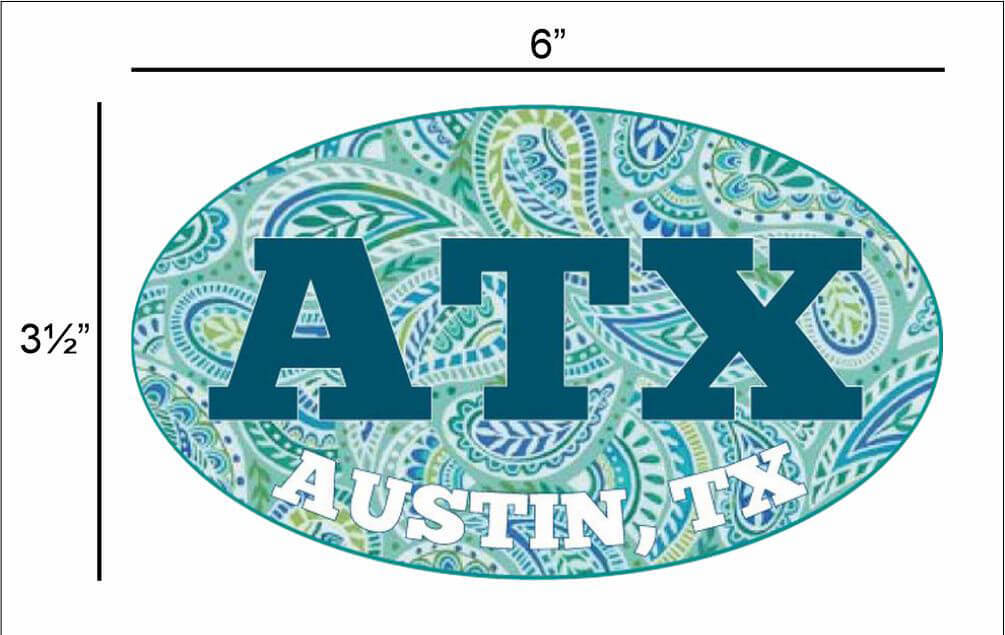 ATX Austin TX Paisley Oval – Postcard Sized Vinyl Sticker 6" x 3.5"