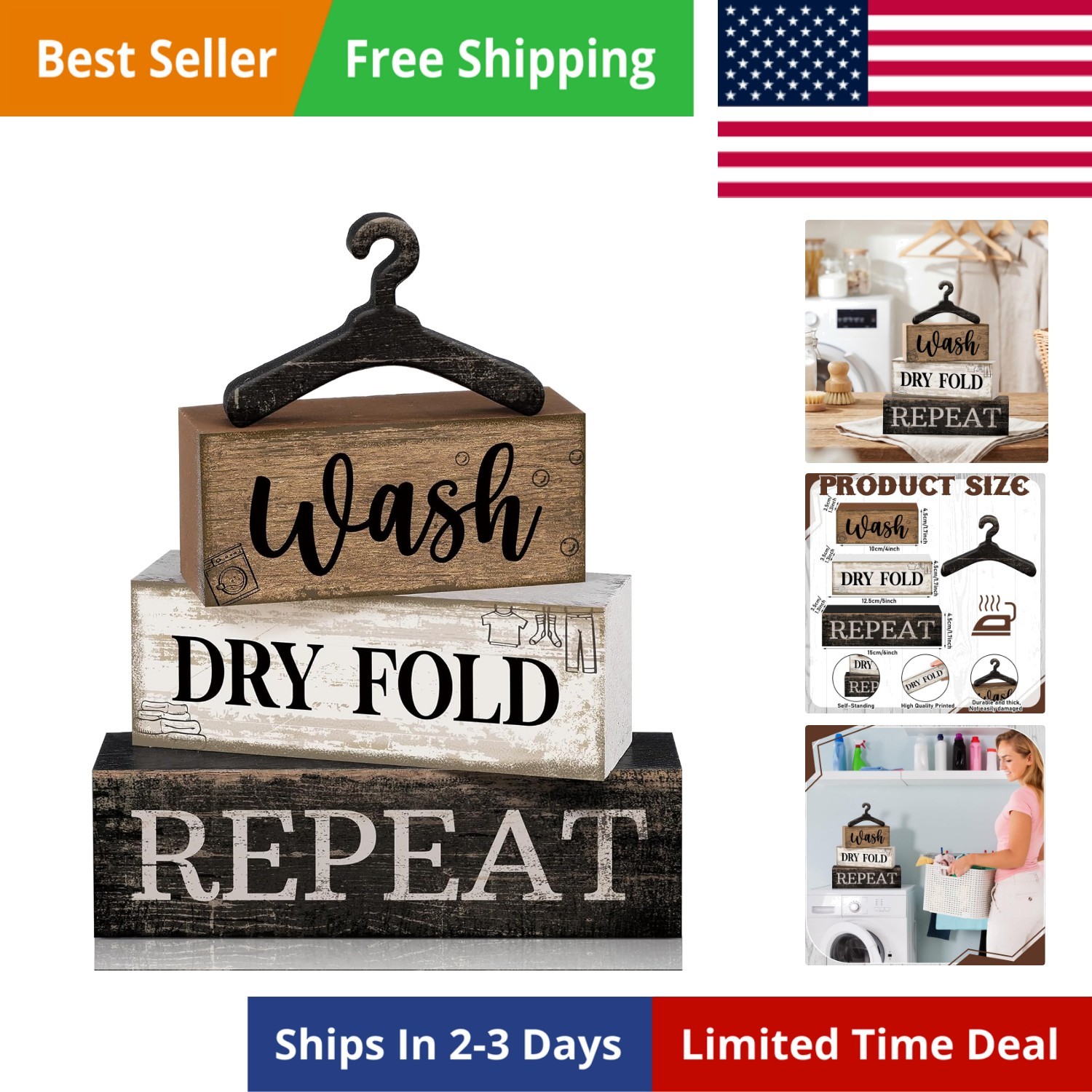 4 Pcs Farmhouse Laundry Room Decor Stacked Blocks, Wash Dry Fold Repeat Woode…