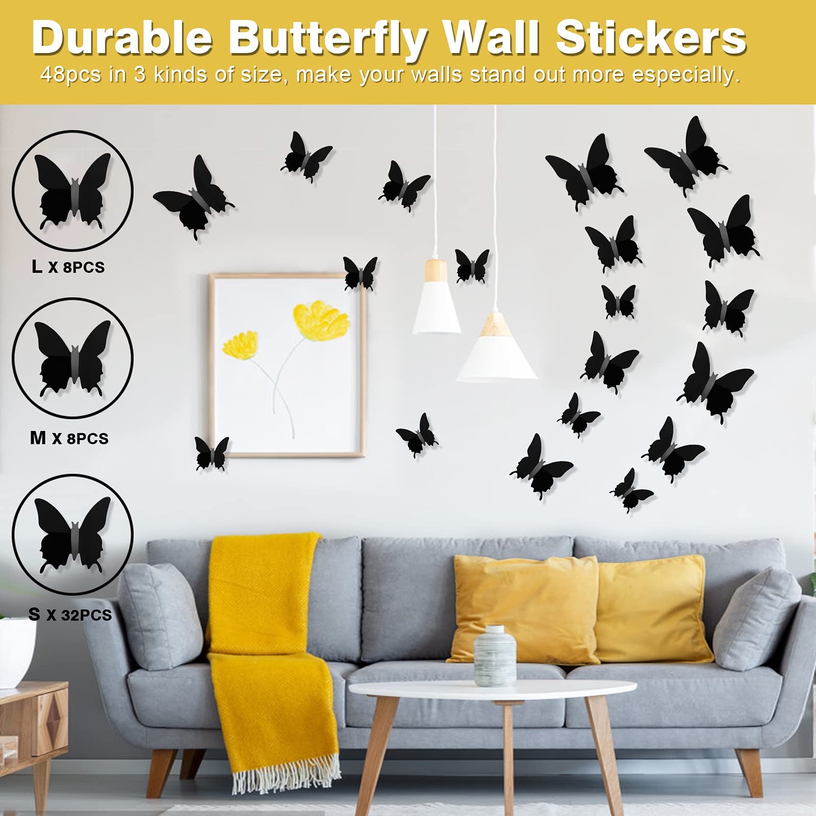 3D Butterfly Wall Decor 48pcs Black Polished Stickers 3 Sizes Durable Butterf…