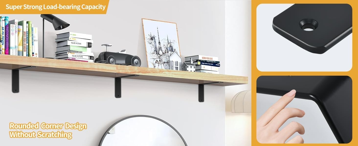 8 Pack – L 10" x H 6" x W1.5, 5mm Thick Black L Shelf Bracket, Iron Shelf Bracke