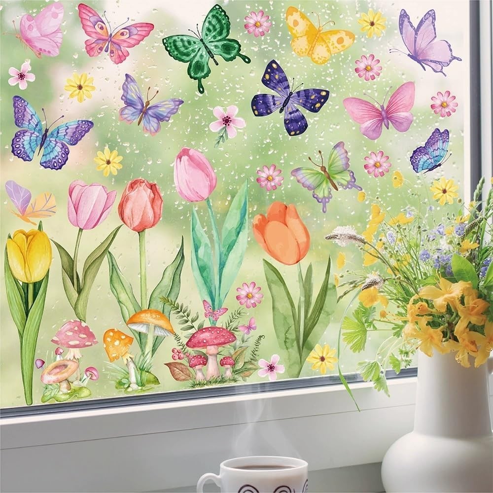 Spring Window Cling Sticker – 83PCS Tulip Butterfly Flower Hummingbirds Windo…
