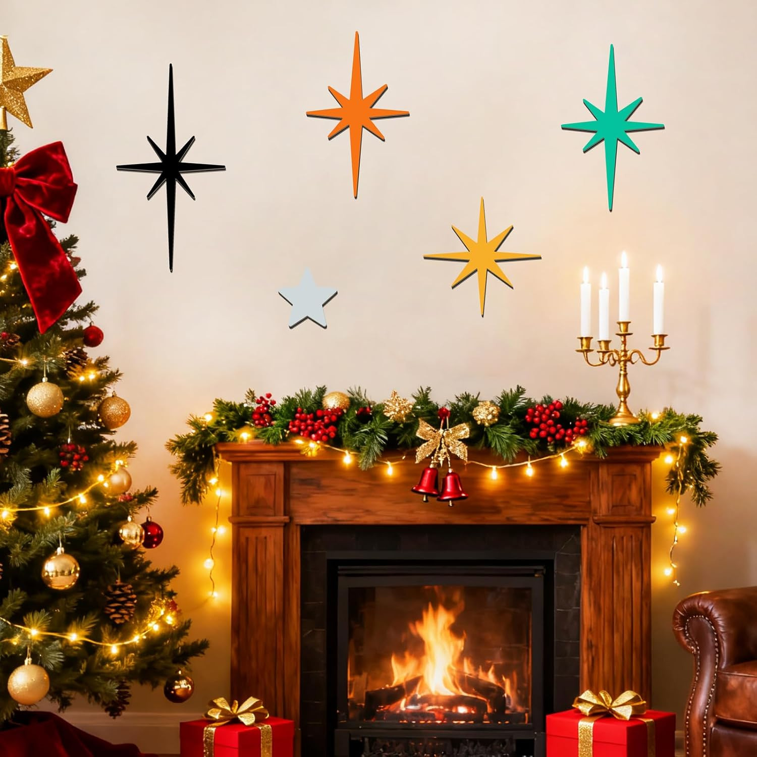 5 Pcs Wooden Atomic Stars Wall Decals Mid Century Wall Decor Modern Star Wall Ar