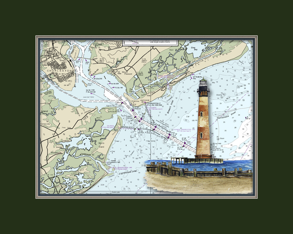Morris Island, SC Lighthouse and Nautical Chart High Quality Canvas Print