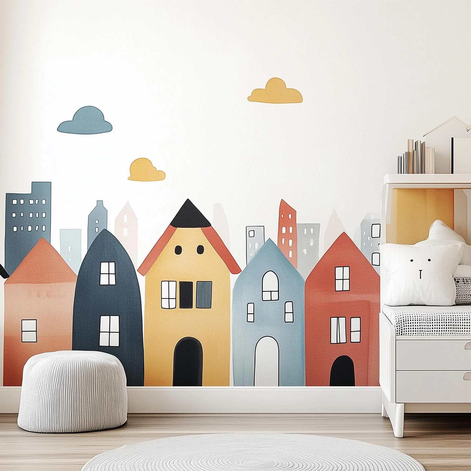Colorful Town Wall Decal | Whimsical Cityscape Nursery Wall Sticker Art