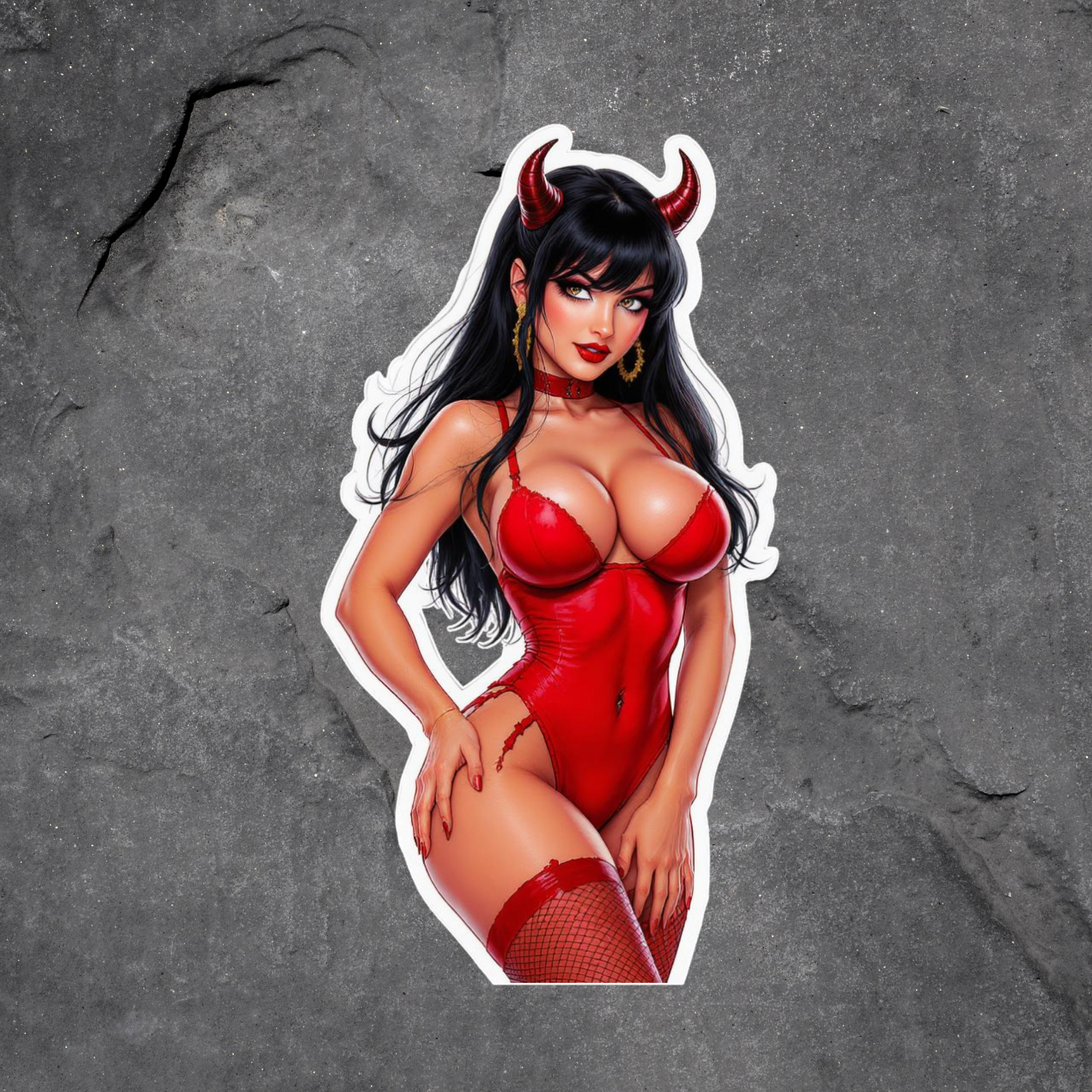 Pinup Girl Sticker Vinyl Decal Devil Costume Horns Red Fishnet Sultry Seductive