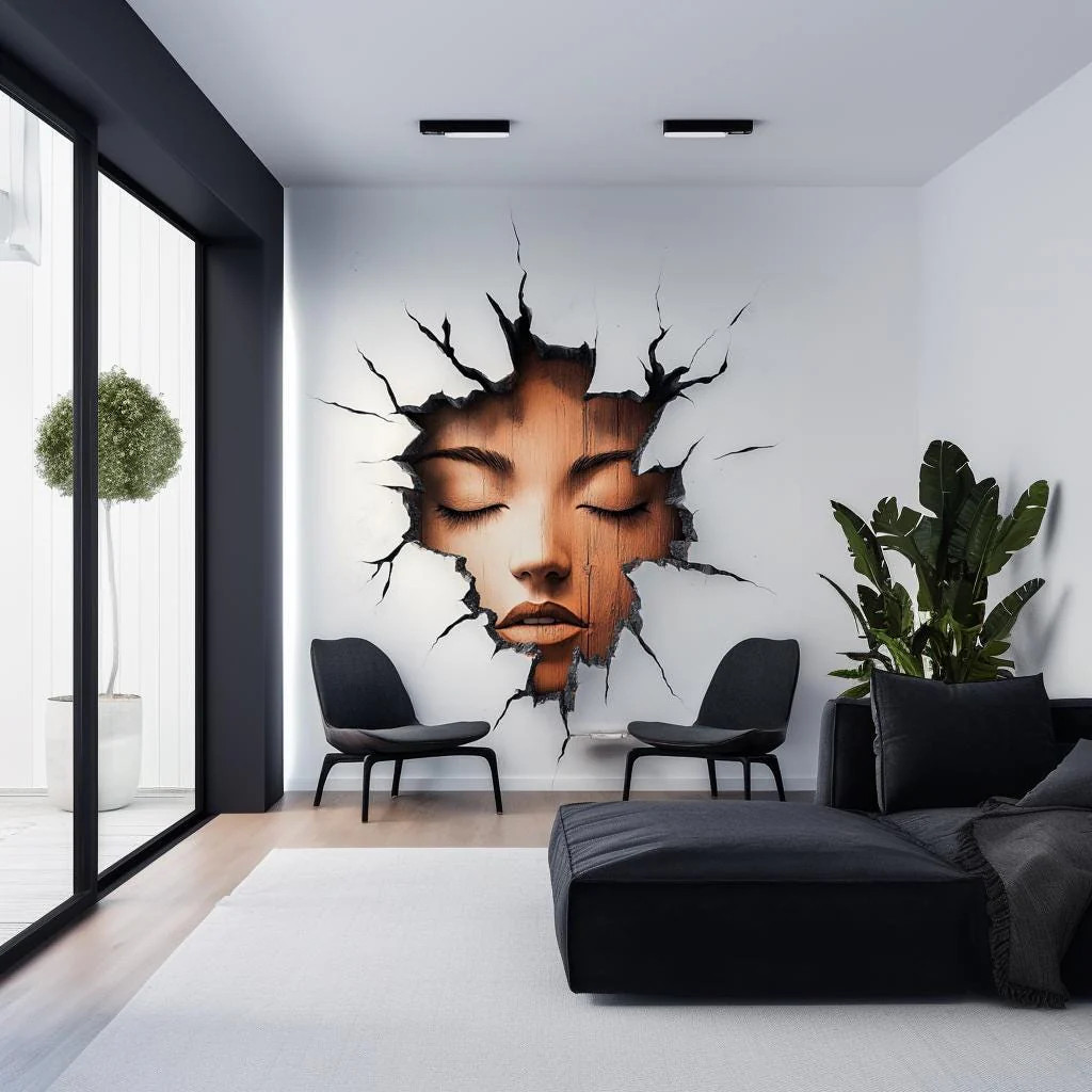 3D Cracked Wall Face Decal | Surreal Optical Illusion Wall Art