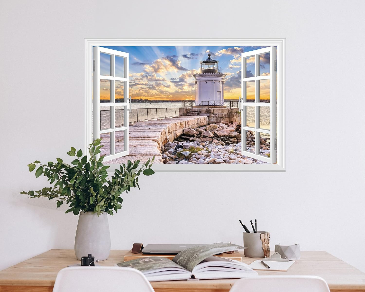 Fake Window Wall Sticker – Shoreline Lighthouse Faux Window Wall Mural for Wall