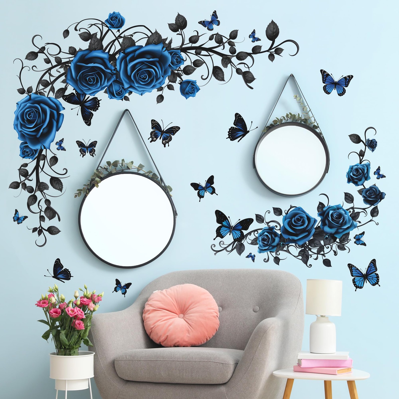 Removable Blue Floral Rose Wall Decor 3D Peel and Stick Flower Vine Black Pla…
