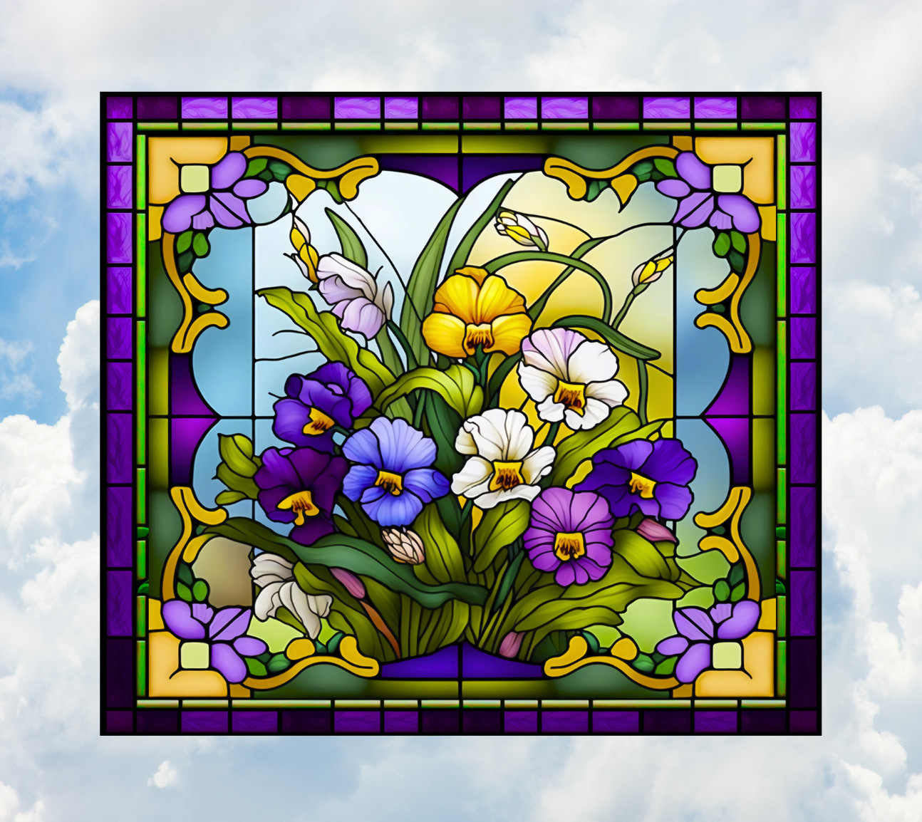 Pansies Faux Stained-Glass WINDOW CLING Size 9" Vinyl