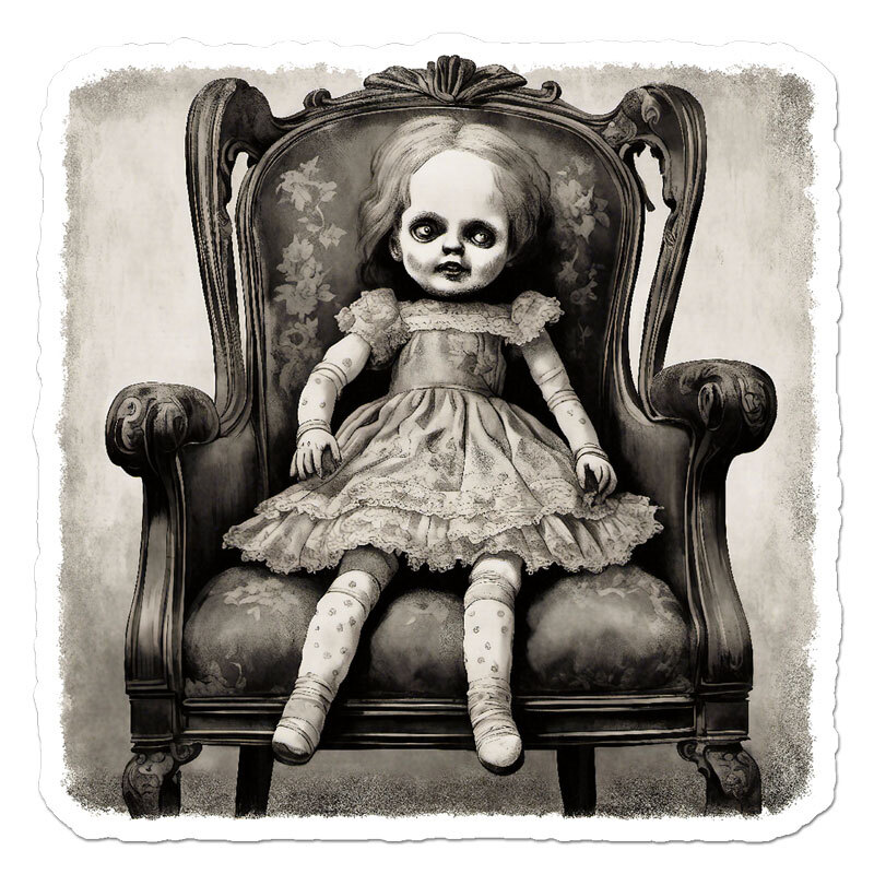Creepy Doll, Vinyl Decal Sticker, Indoor Outdoor, 3 Sizes, #11845