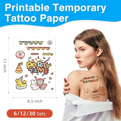 Printable Temporary Tattoo Paper for INKJET Printer, A4 8.5X11 Inch-6 SETS