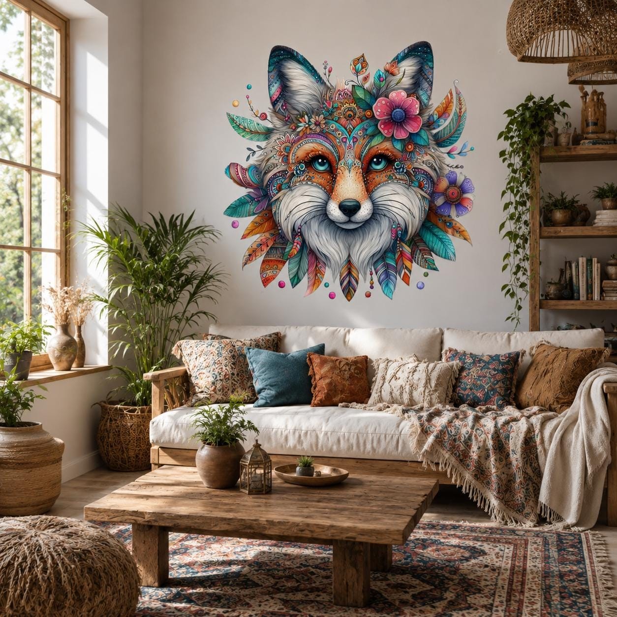 Boho Fox Wall Vinyl Decal | Colorful Mandala Animal Face Sticker