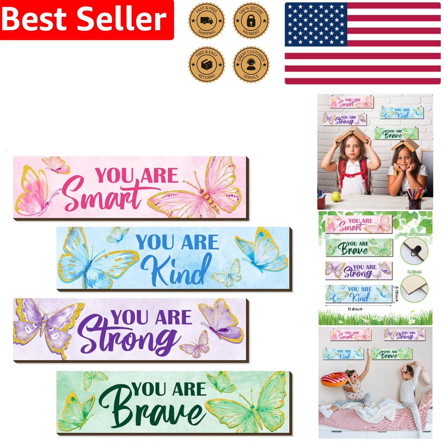 Inspirational Butterfly Wood Signs 4 Pc Set Motivational Bedroom Wall Decor