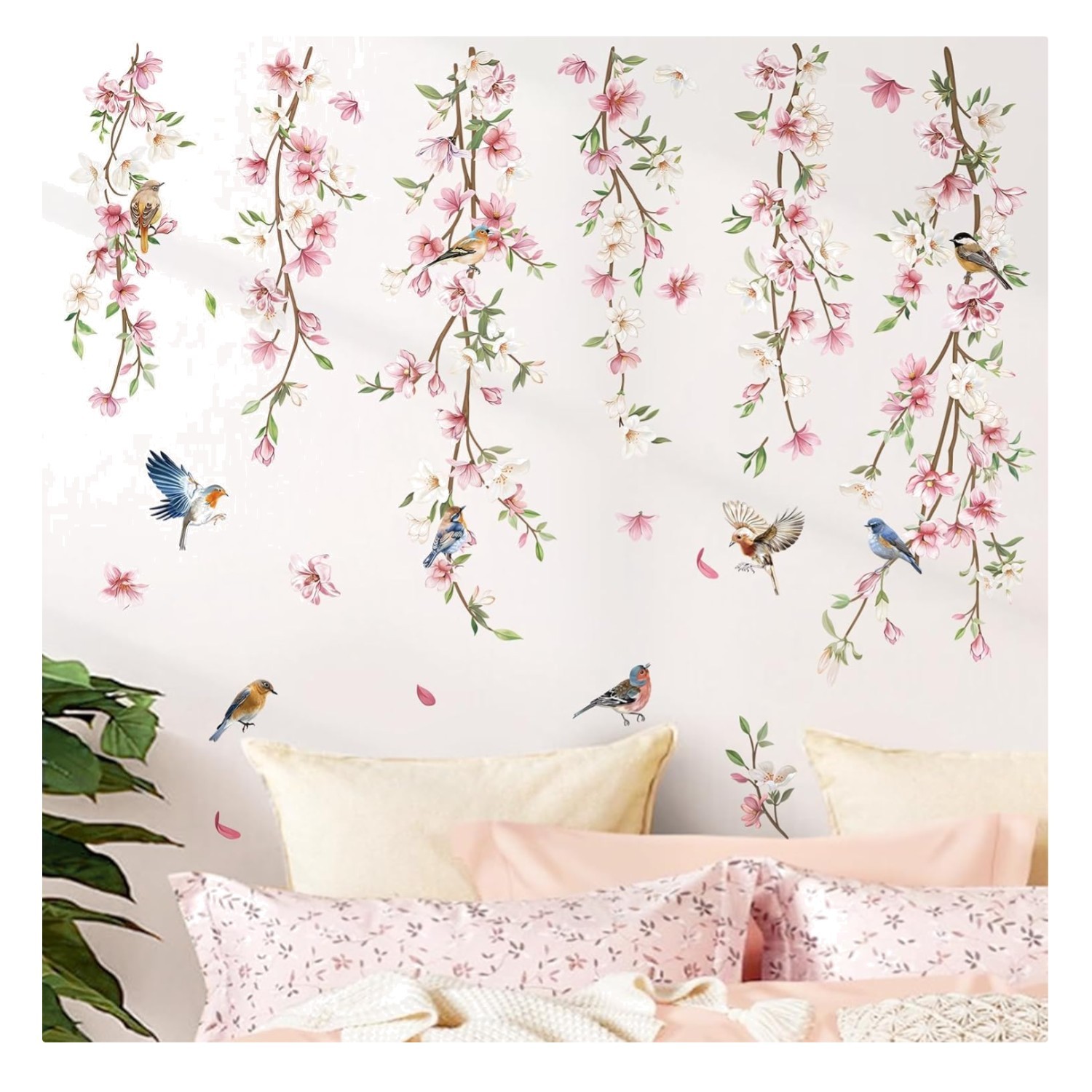 Waterproof Floral Wall Stickers: Bright Birds and Vines for Living Spaces
