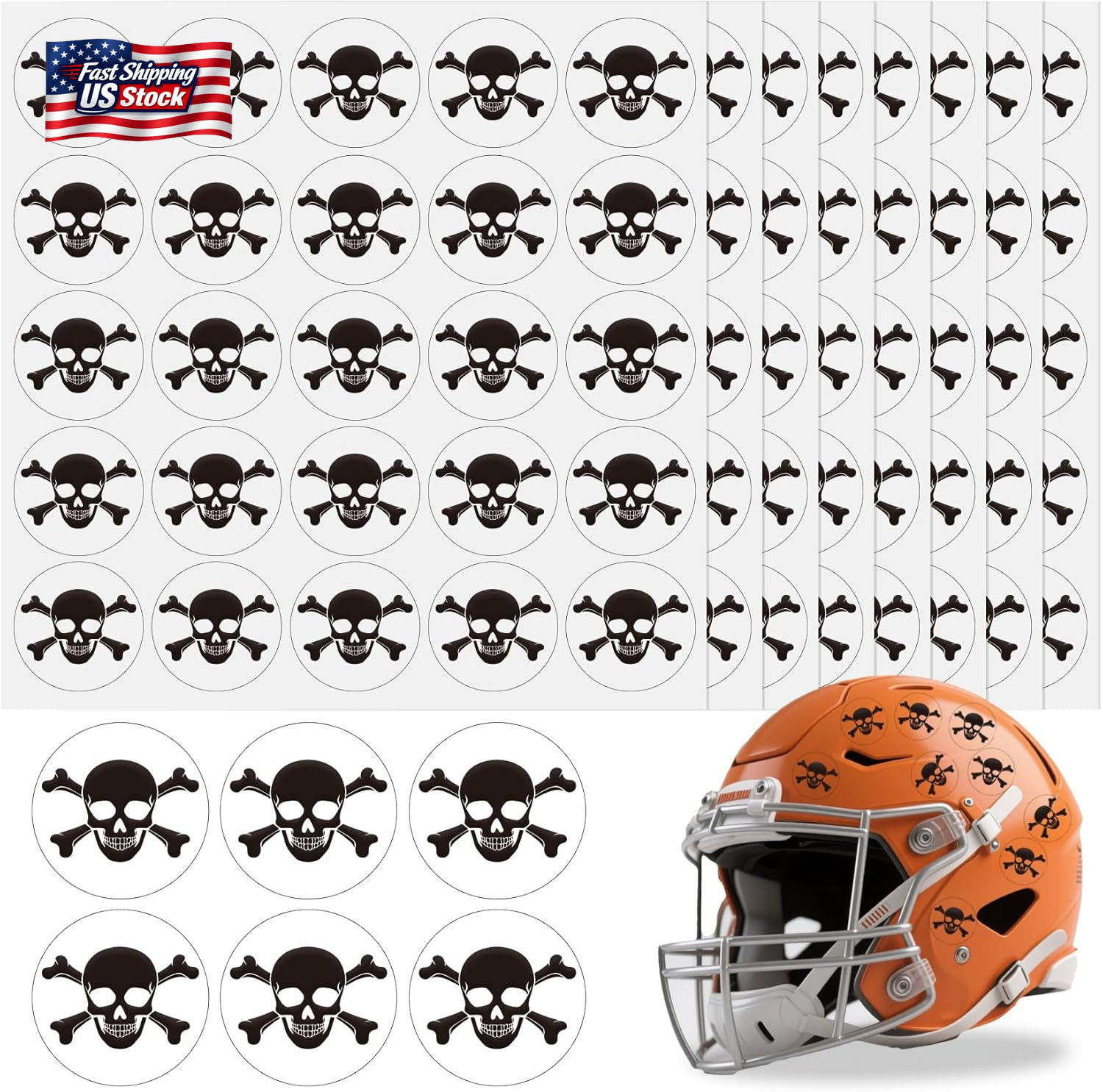 Skull Helmet Stickers, 200 Pcs Youth Football Helmet Stickers, 1-1/8 Inches Viny