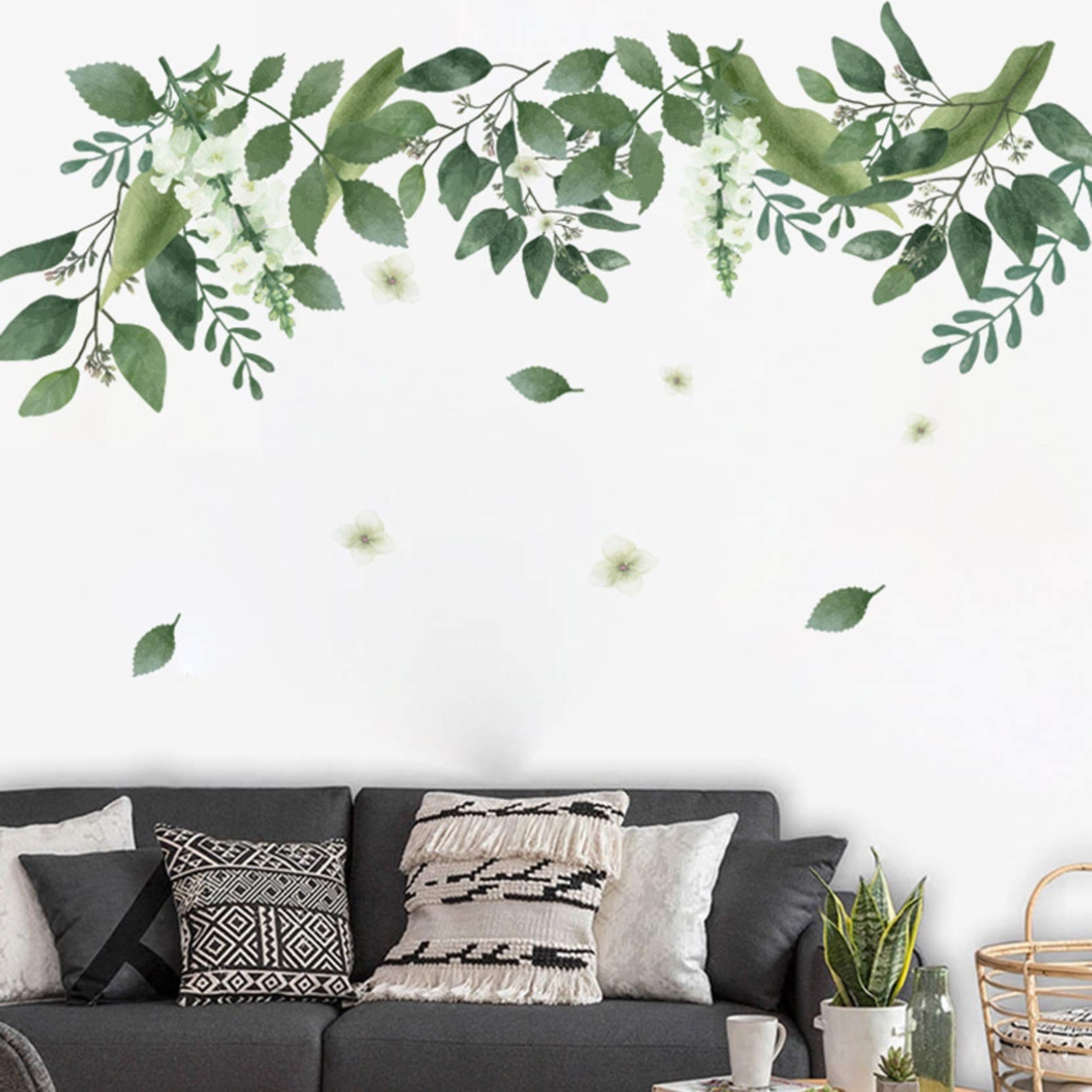 Green Hanging Leaf Wall Decals, Removable Fresh Plant Leaves Flower Vines Wal…