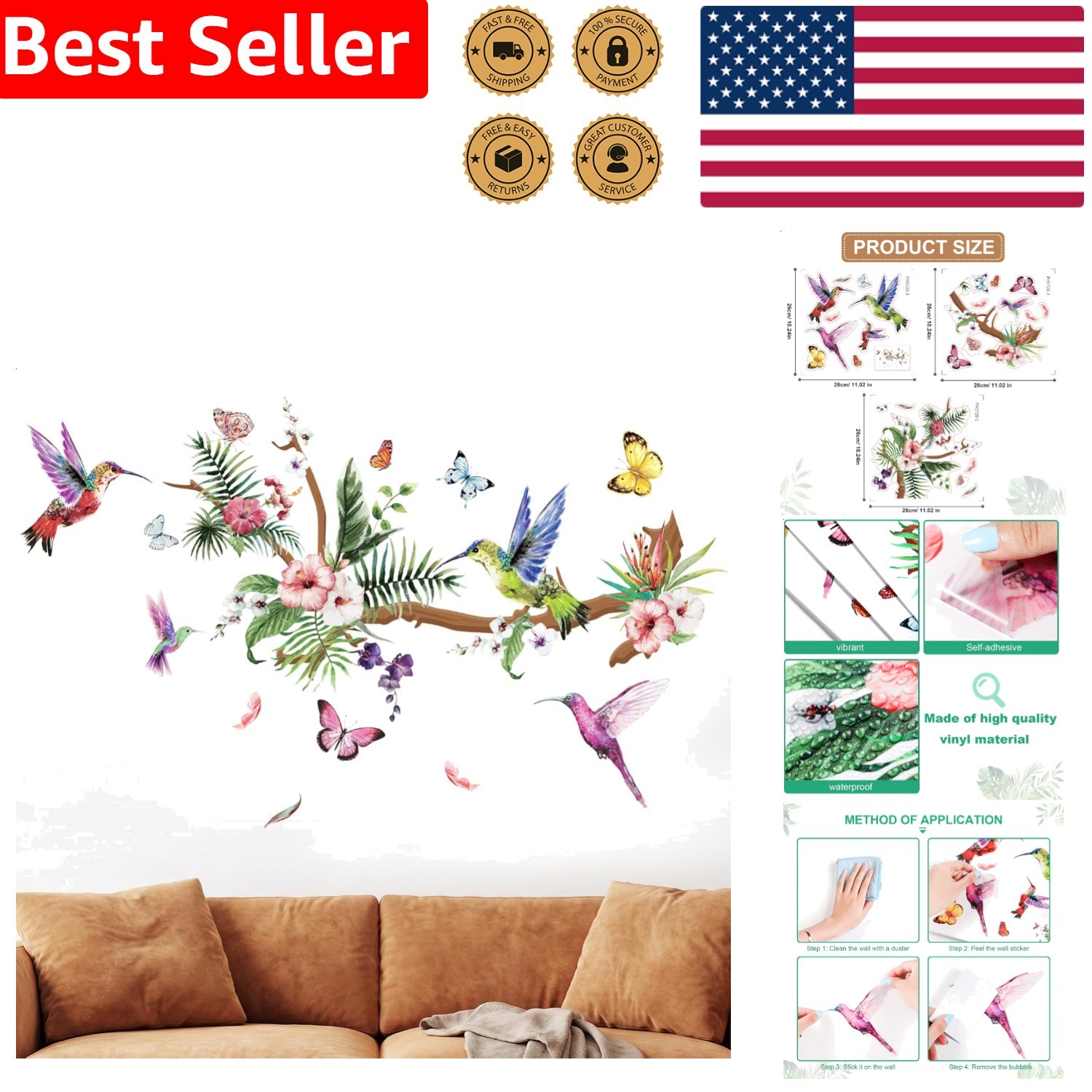 Vinyl Stickers 3pc Vivid Hummingbird Butterfly Floral Tree Window Wall Art Decor