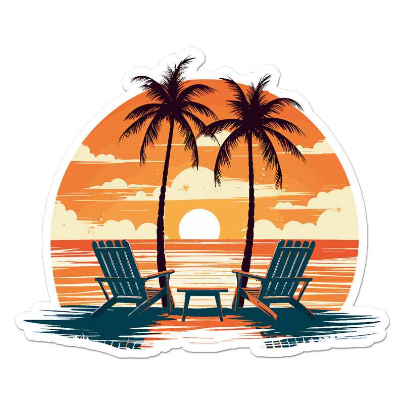 Beach Chairs Sunset, Vinyl Decal Sticker, Indoor Outdoor, 3 Sizes, #11917