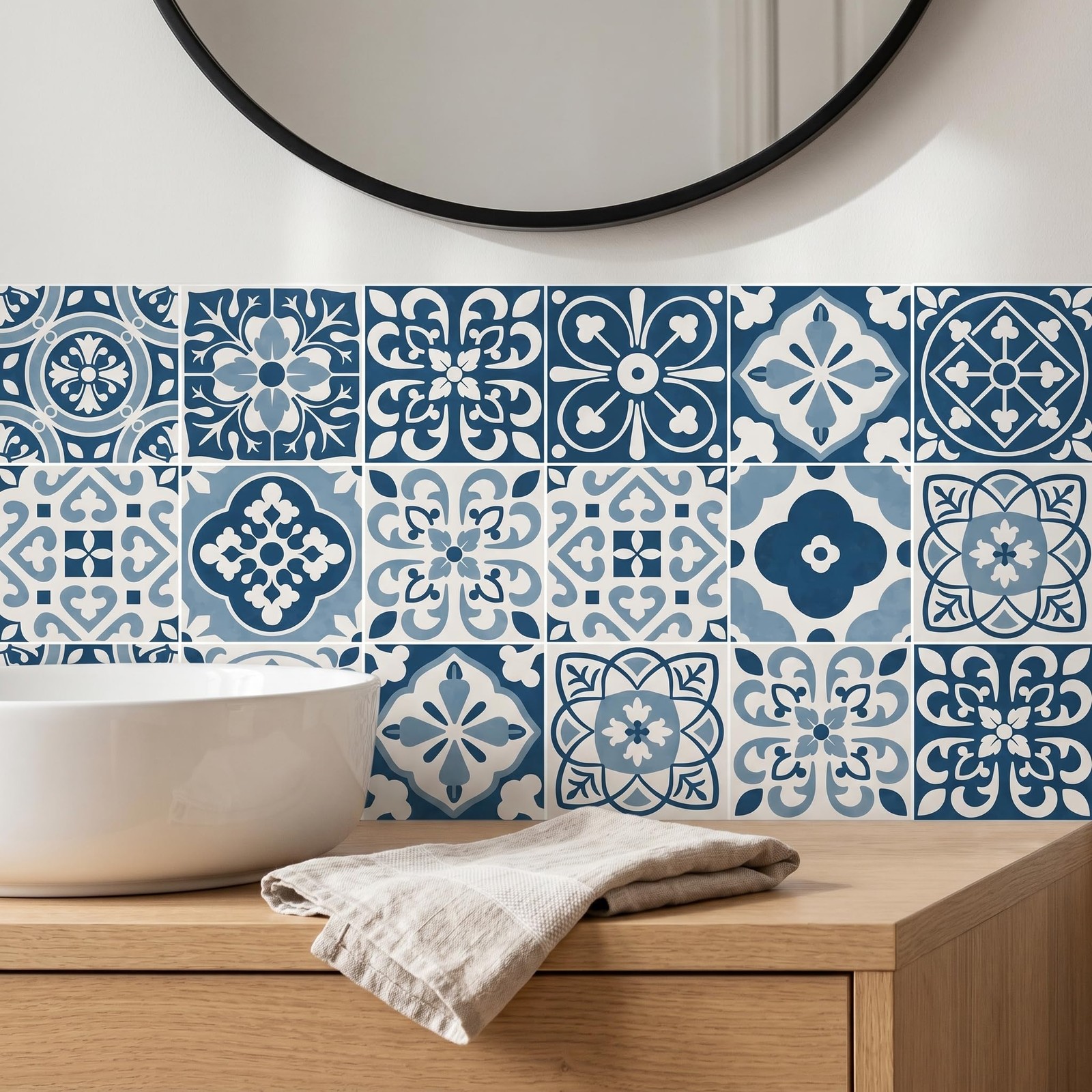30 Pack Blue and White Peel and Stick Backsplash, 4×4 Inch Mediterranean Tile…