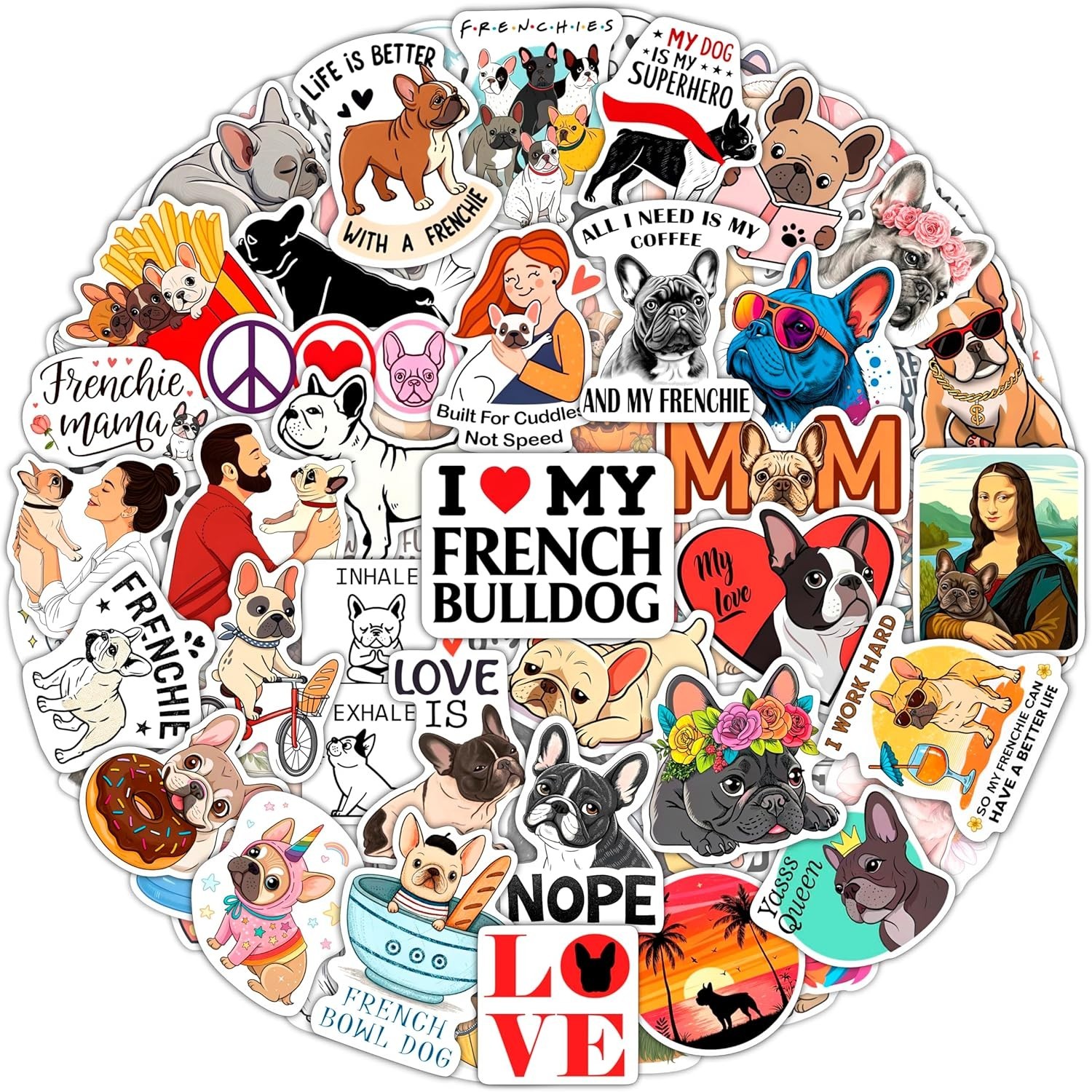 Durable French Bulldog Vinyl Sticker Pack – 100 Waterproof Stickers for All Ages