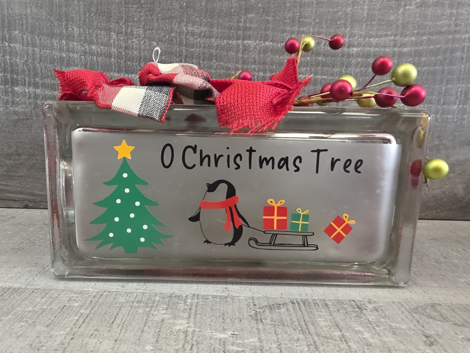 Handcrafted Christmas Penguin Glass Block 8x4x3" Lights Up O Christmas Tree g50