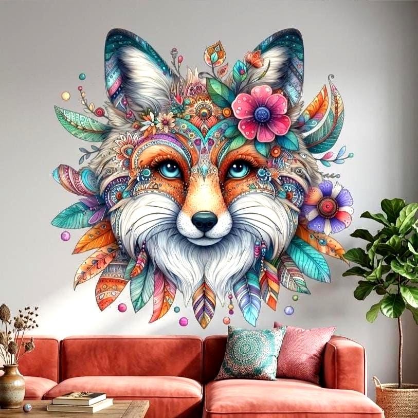 Boho Fox Wall Vinyl Decal | Colorful Mandala Animal Face Sticker