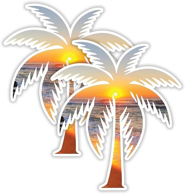 Tropical Palm Tree Beach Sunset Bumper Sticker 5 H" x 4.35 W" MacBook Car Decal