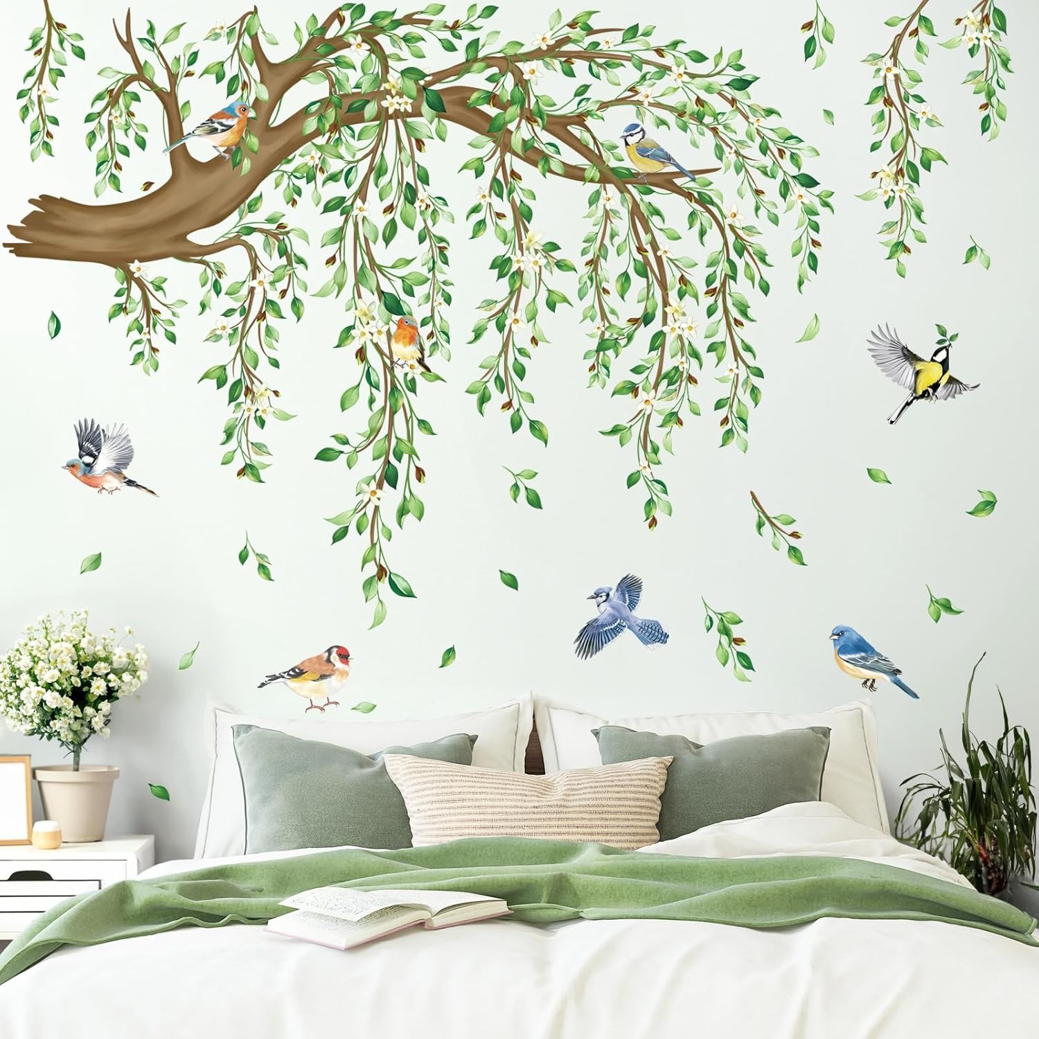 Large Hanging Vine Wall Stickers Tree Branch Green Leaf Flower Birds Wall Decals