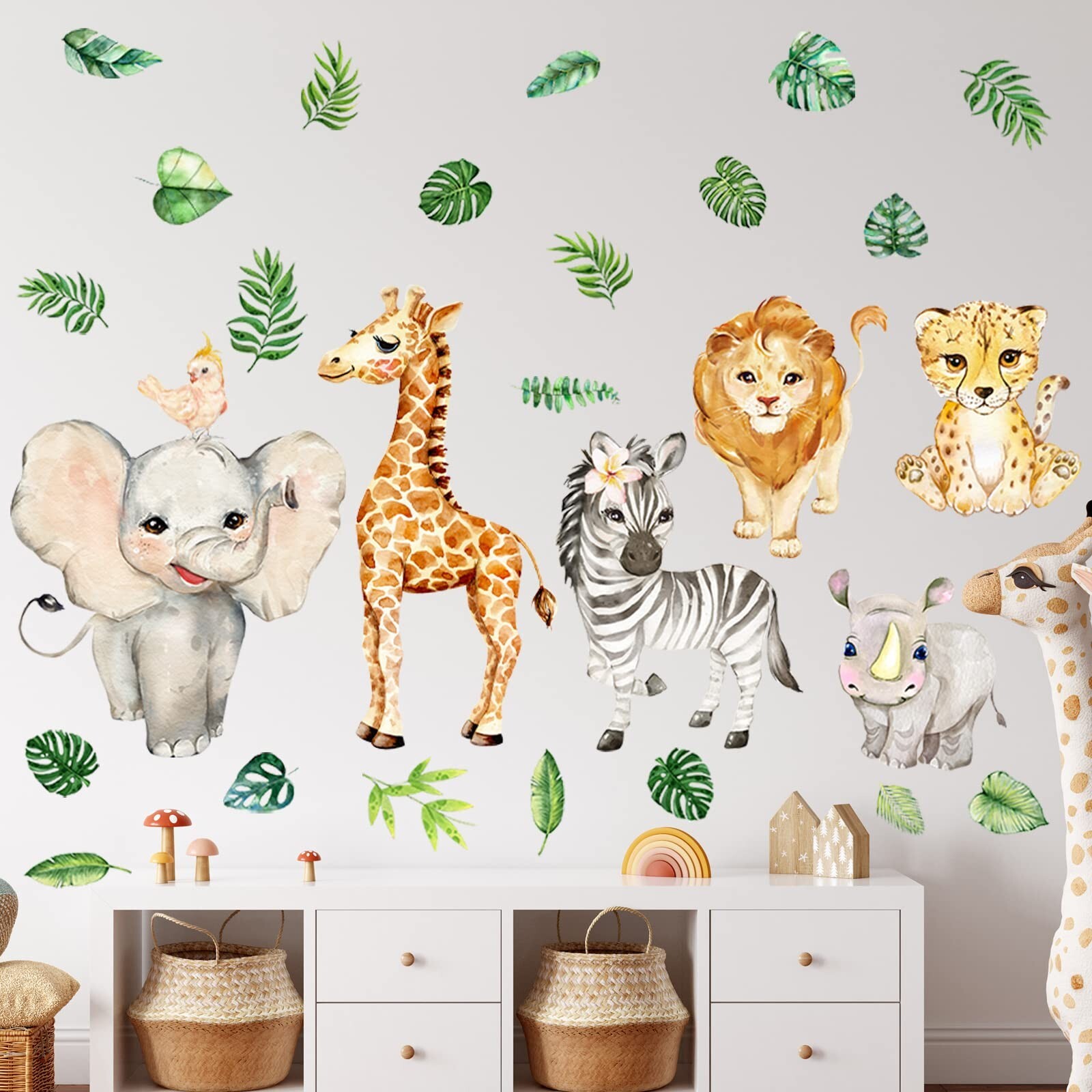 Colarr 2 Sheets Jungle Animals Sun Wall Decals Watercolor Safari Wall Sticker…