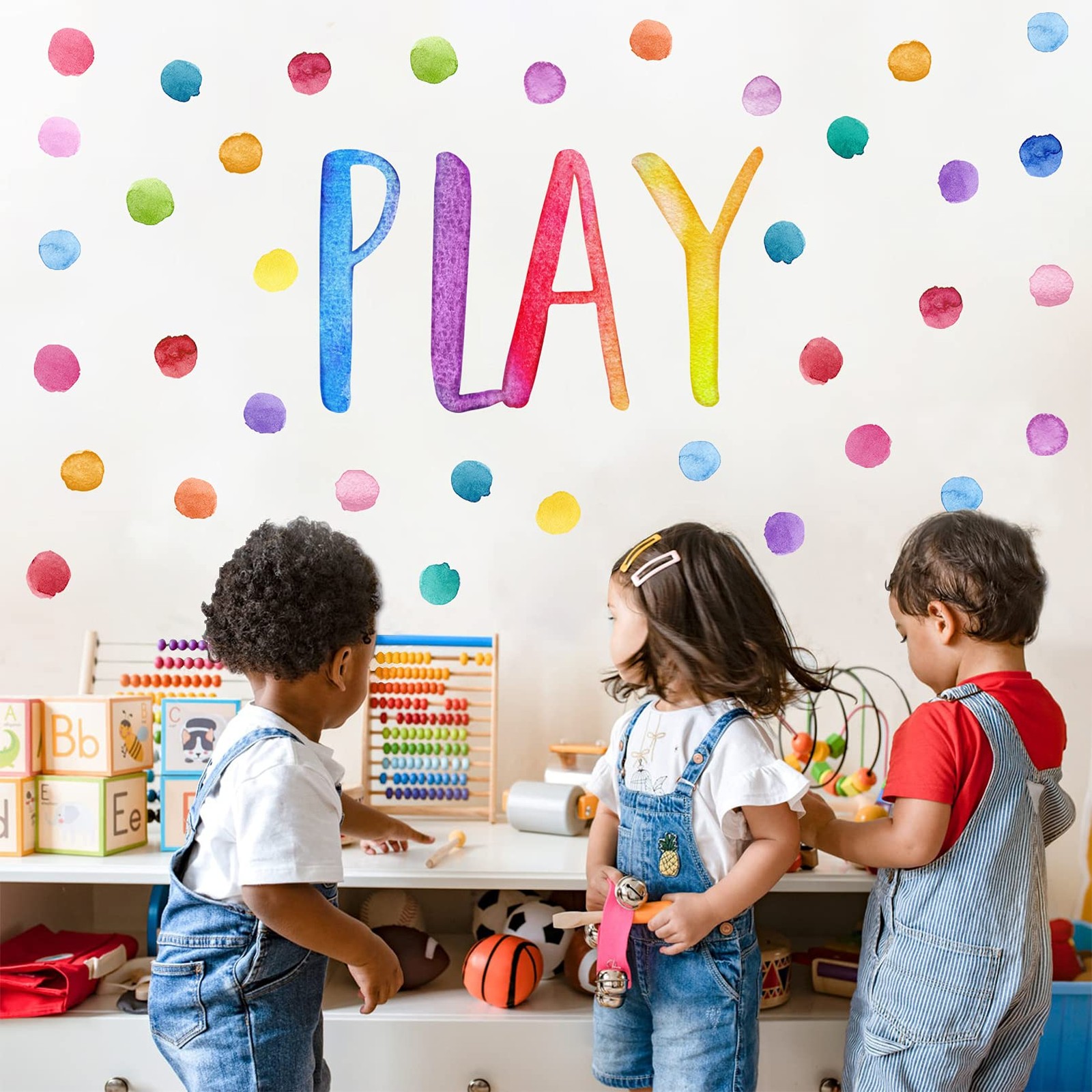 Playroom Polka Dots Wall Decals Stickers, Play Sign Peel and Stick Neutral Nu…