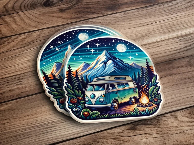 Vintage Camper Van Sticker – Mountain Scene, Outdoor Adventure, Water-Resistant