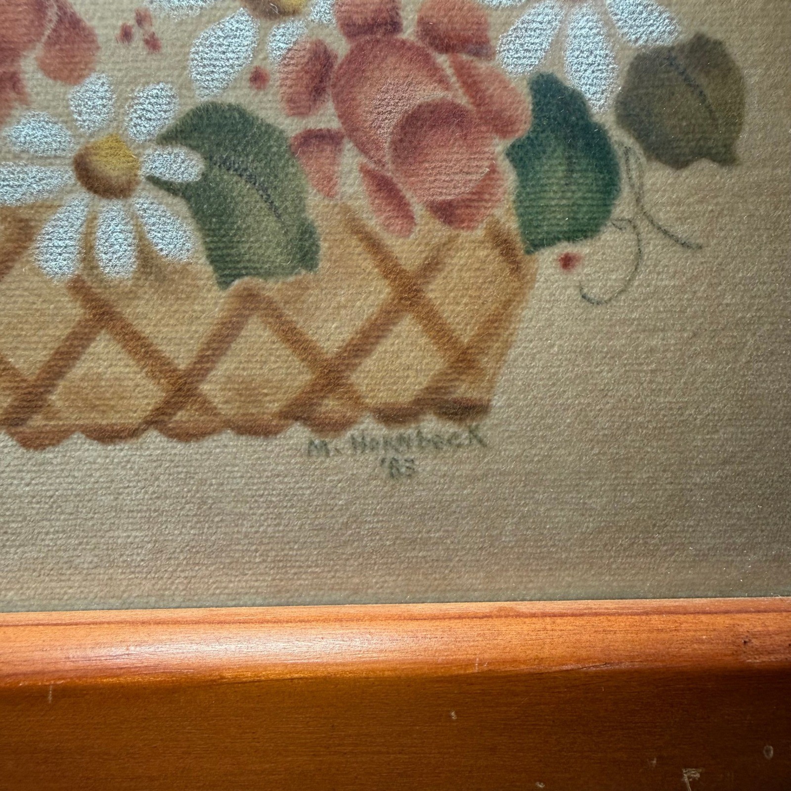 Vintage 1983 Theorem Painting Folk Art Roses Daisies Basket Signed M Hornbeck