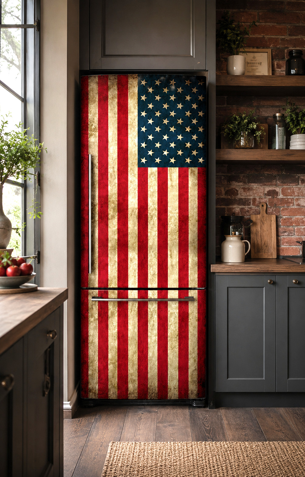 Vintage USA Flag Refrigerator Wrap Decal | Rustic American Patriotic Fridge