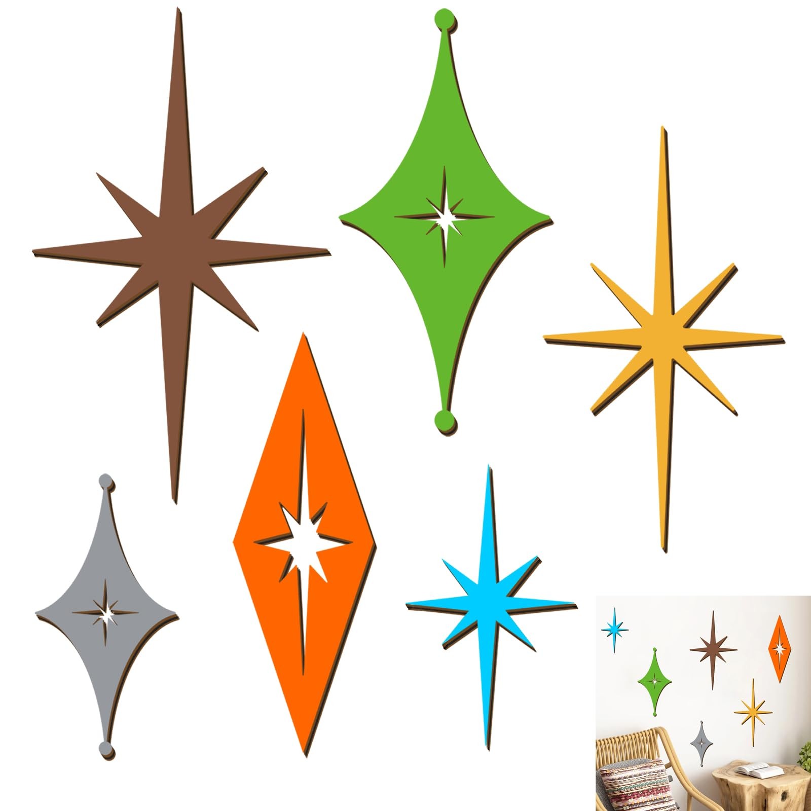 6 Pcs Wooden Star Wall Decor Colorful Starburst Walls Art Mid Century Modern …
