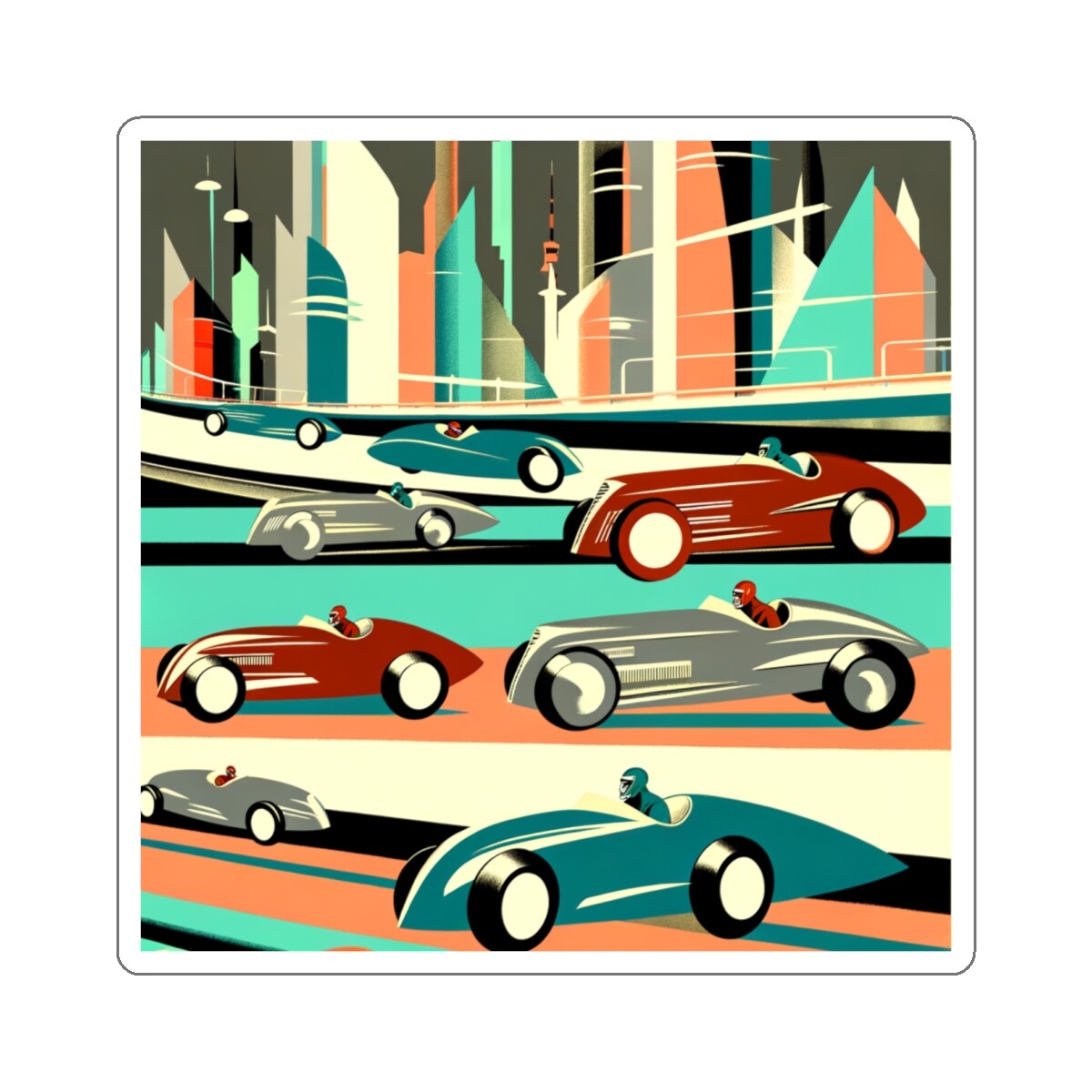 Sticker Vintage Style Abstract Cars Mid Century Modern Art 2×2 3×3 4×4 6×6 Gift