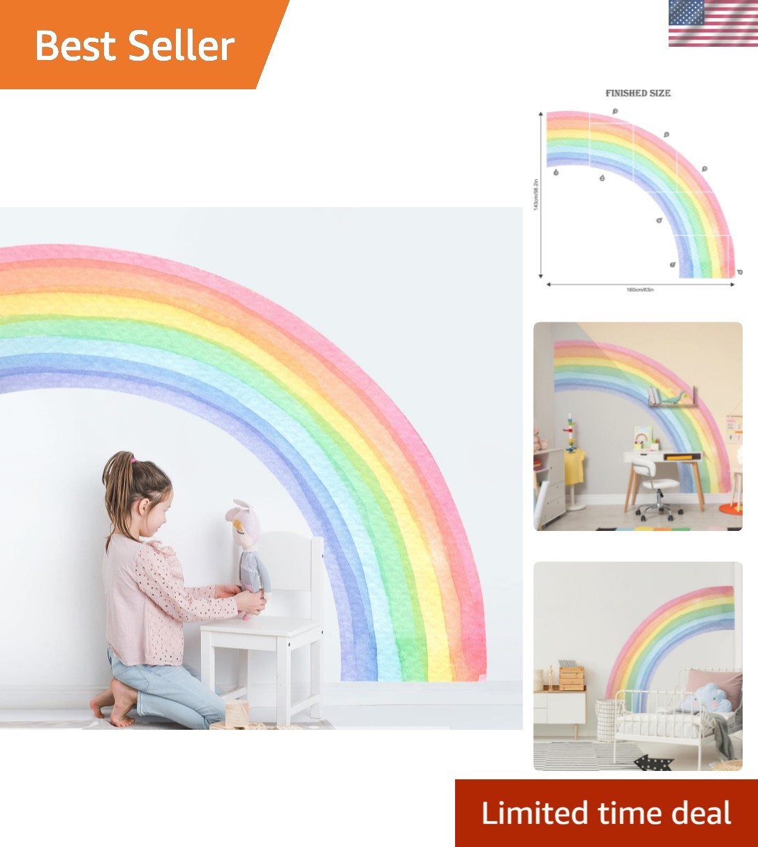 55"x63" Large Rainbow Wall Stickers, Mural Watercolor Half Rainbow Wall Decal…