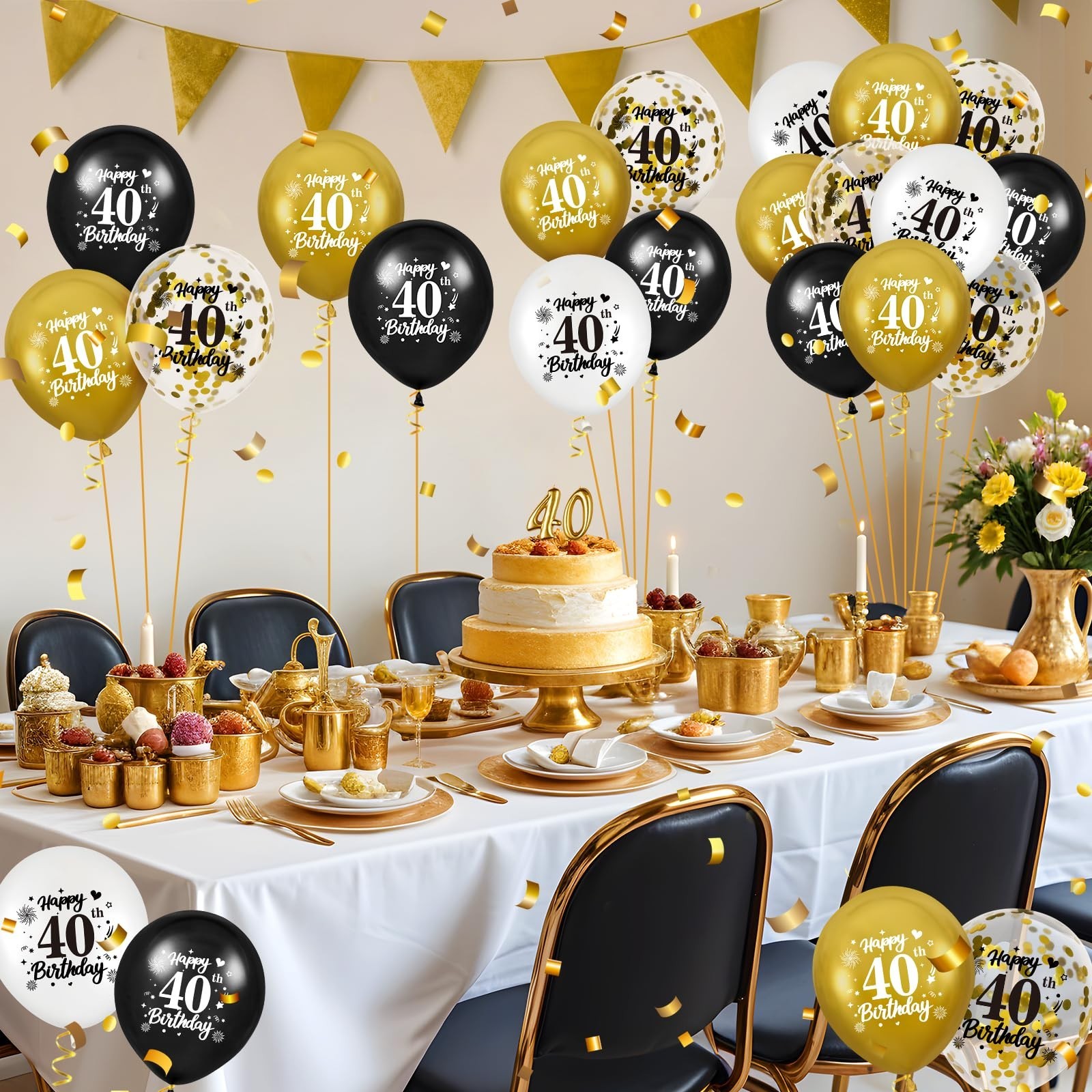 40th Birthday Balloons for Men, 24Pcs Black Gold White Happy 40th Birthday Ba…